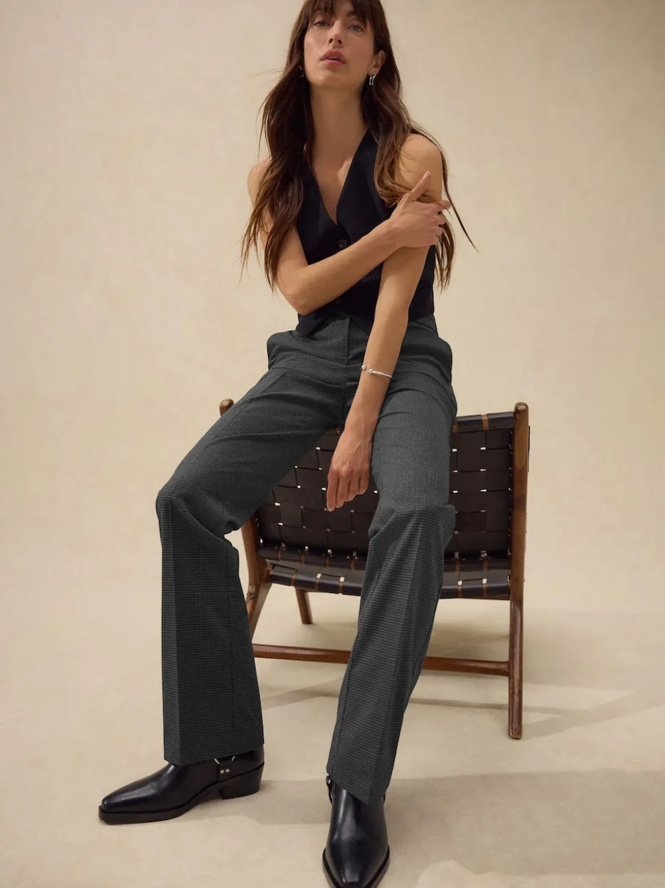 Grey Check Bootcut Sculpting Tailored Trousers