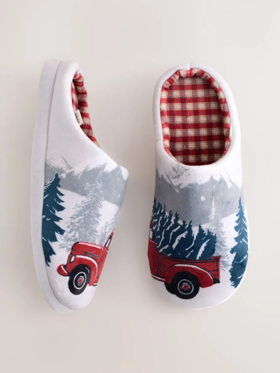Grey Christmas Truck Plush Mule Slippers