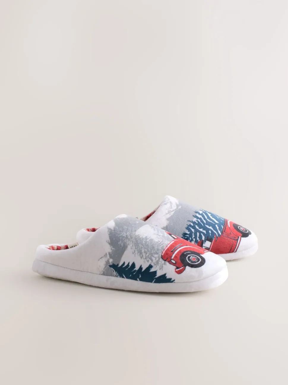 Grey Christmas Truck Plush Mule Slippers