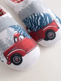 Grey Christmas Truck Plush Mule Slippers