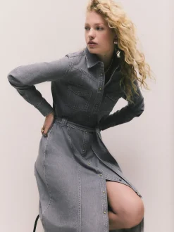 Grey Denim Midi Shirt Dress