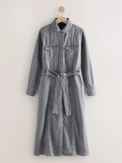 Grey Denim Midi Shirt Dress