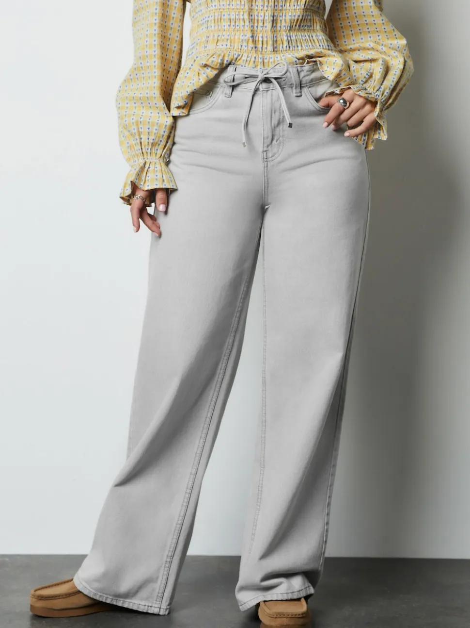 Grey Denim Wide Leg Joggers Waist Jeans