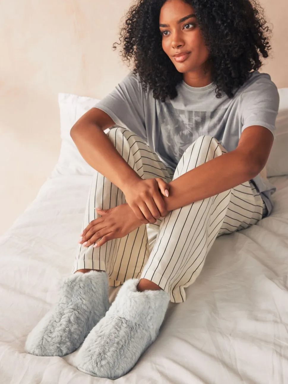 Grey Faux Fur Boot Slippers