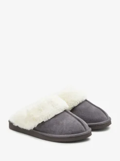 Grey Faux Fur Lined Suede Mule Slippers