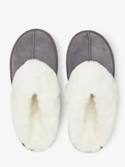 Grey Faux Fur Lined Suede Mule Slippers