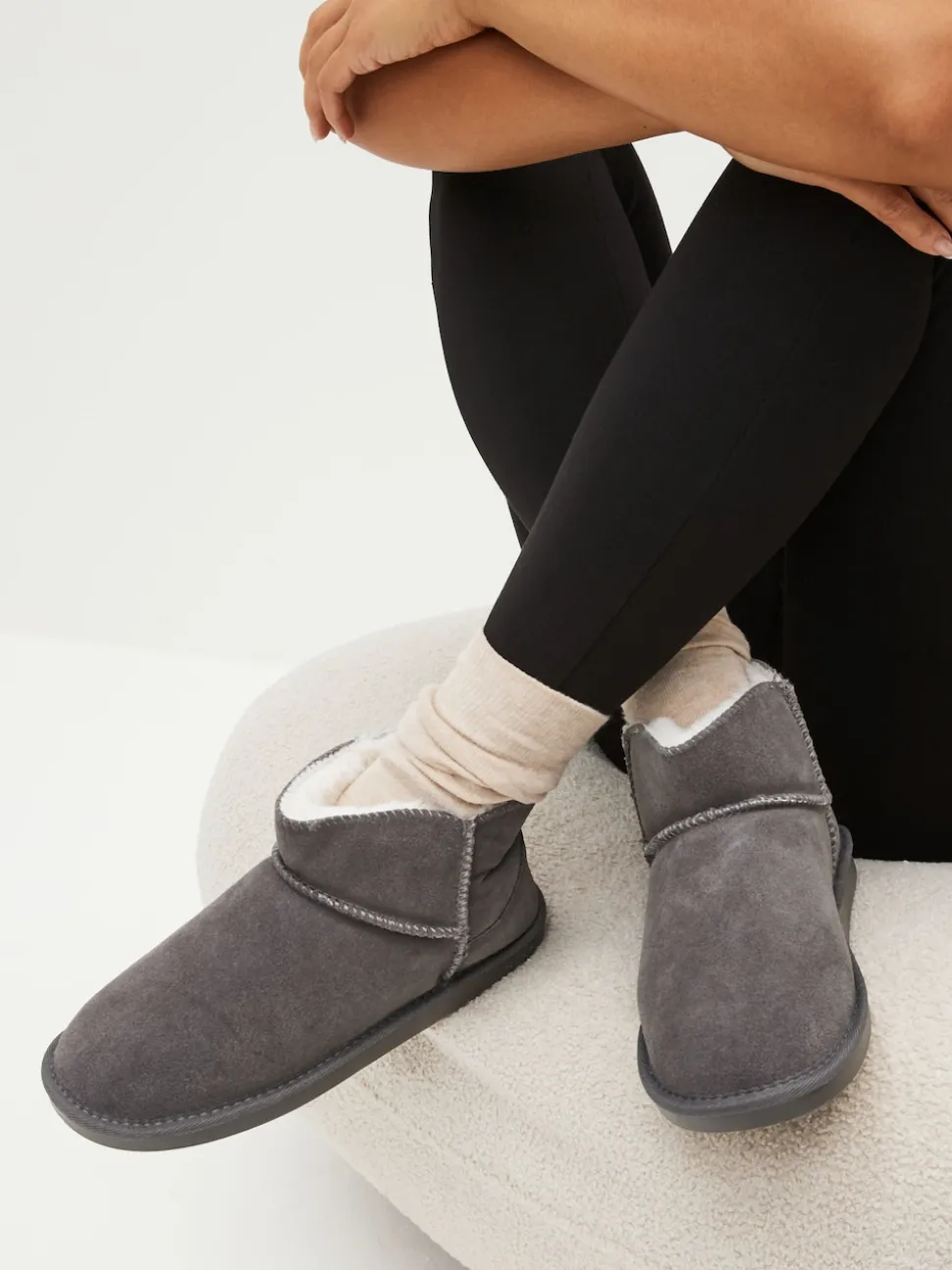 Grey Faux Fur Lined Suede Slipper Boots