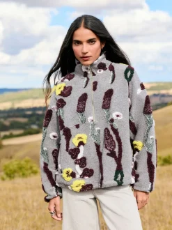 Grey Floral Jacquard Floral Jaquarded Borg Half Zip Neck Fleece Sweatshirt