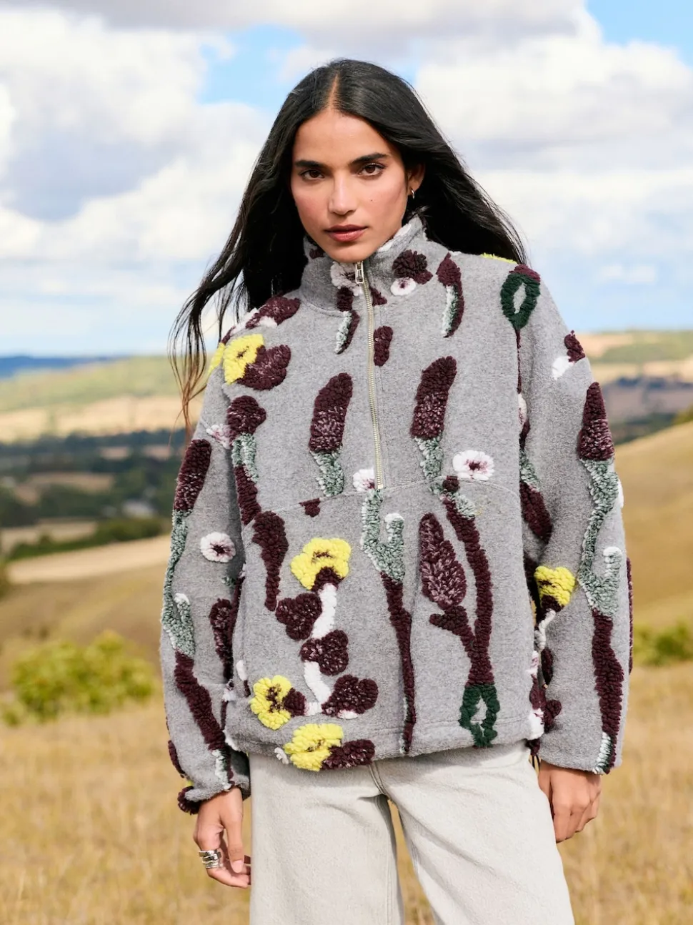 Grey Floral Jacquard Floral Jaquarded Borg Half Zip Neck Fleece Sweatshirt