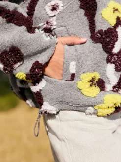 Grey Floral Jacquard Floral Jaquarded Borg Half Zip Neck Fleece Sweatshirt