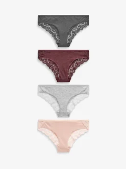 Grey Marl/Pink/Plum Bikini Cotton Lace Knickers 4 Pack
