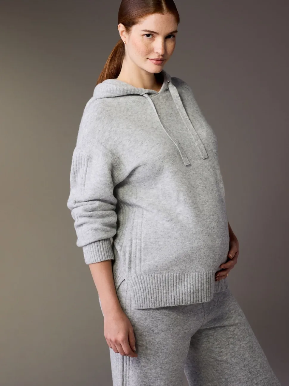 Grey Maternity Knitted Hoodie