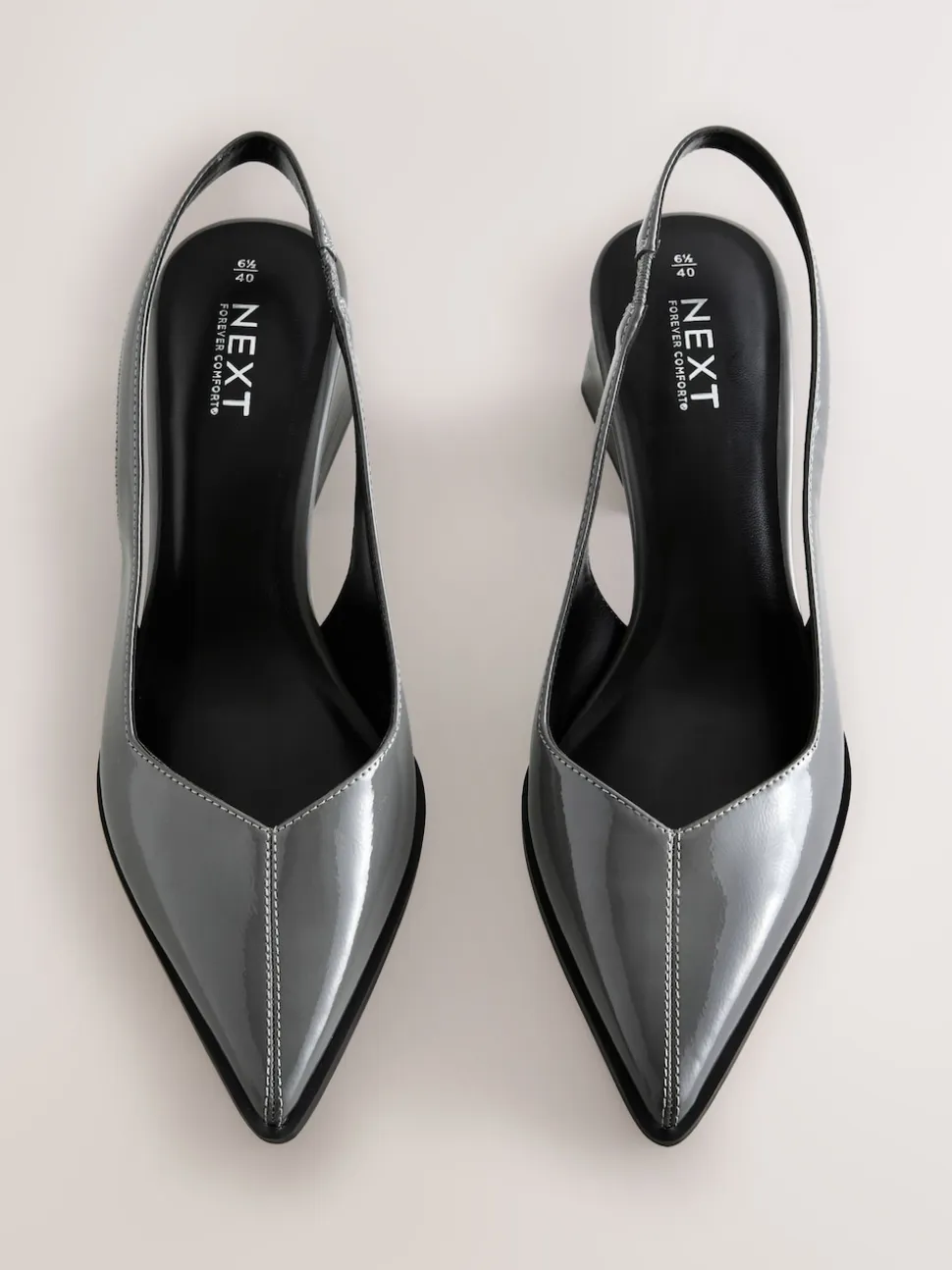 Grey Patent Forever Comfort® Pointed Toe Slingback Block Heels