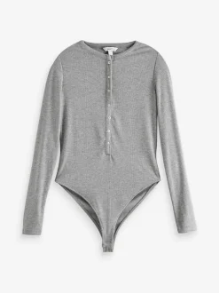 Grey Ribbed Long Sleeve Henley Bodysuit