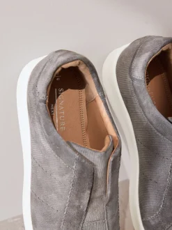 Grey Signature Premium Leather Laceless Slip-On Trainers