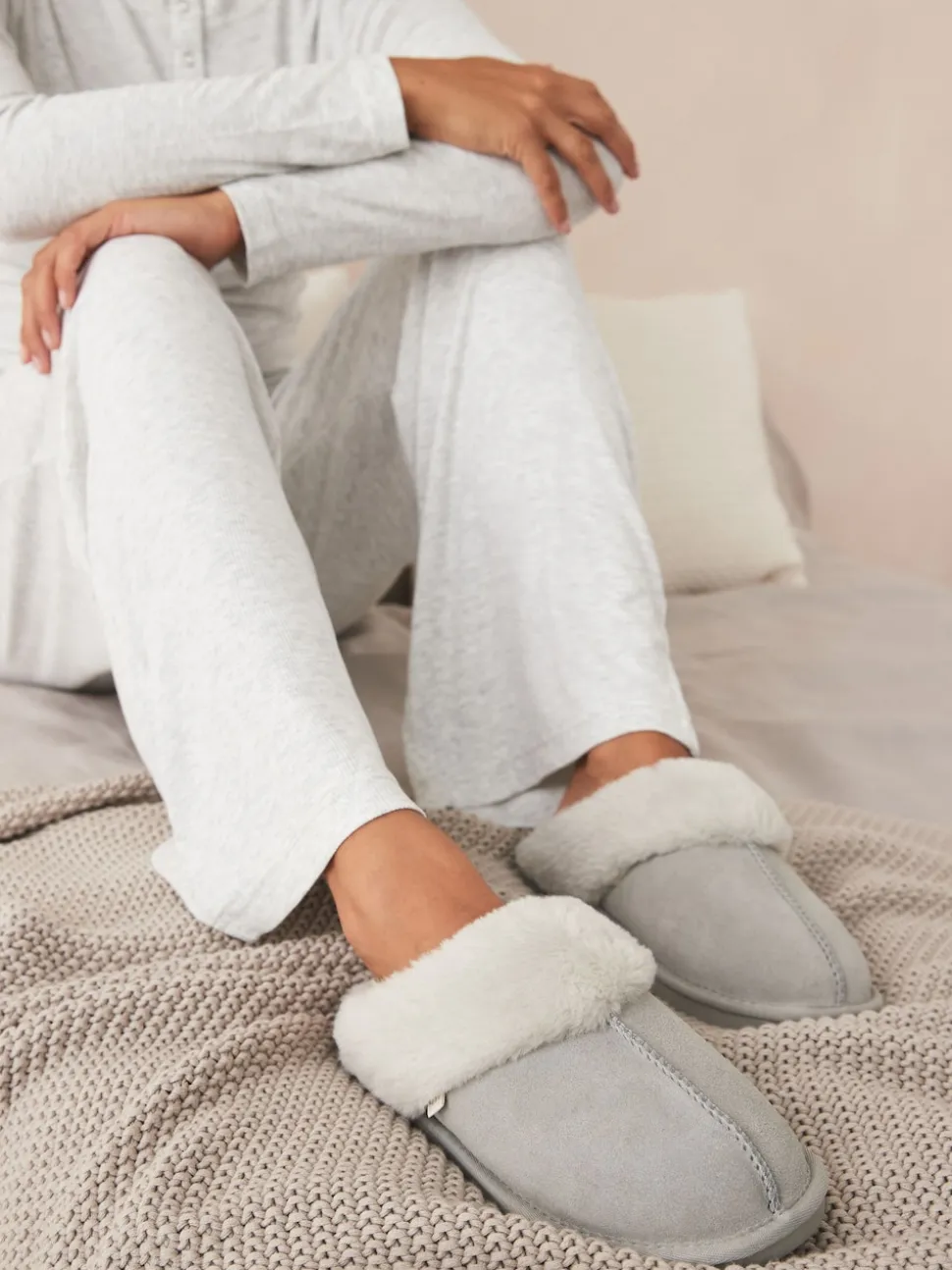 Grey Suede Faux Fur Mule Slippers