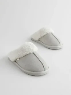 Grey Suede Faux Fur Mule Slippers