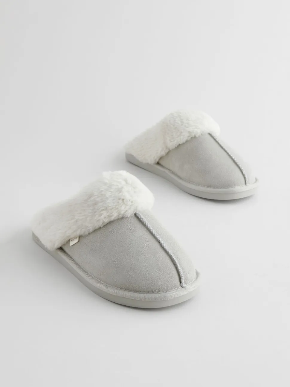 Grey Suede Faux Fur Mule Slippers