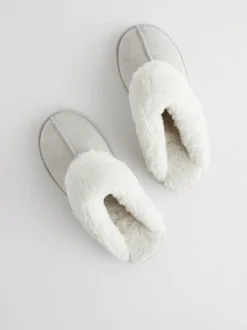 Grey Suede Faux Fur Mule Slippers