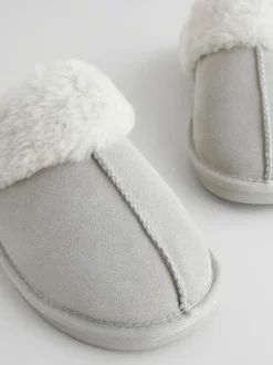 Grey Suede Faux Fur Mule Slippers
