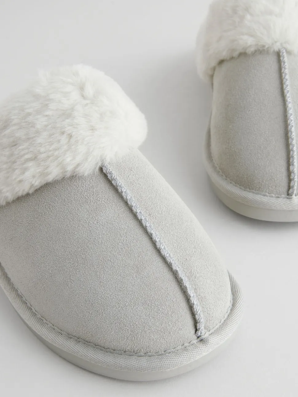 Grey Suede Faux Fur Mule Slippers