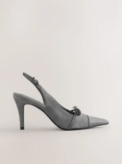 Grey Suede Forever Comfort® Leather Pointed Cutout Bow Slingback Heels