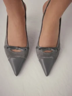 Grey Suede Forever Comfort® Leather Pointed Cutout Bow Slingback Heels