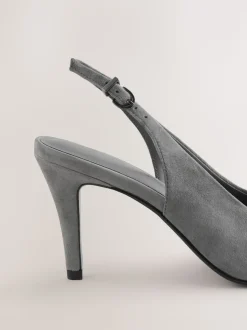 Grey Suede Forever Comfort® Leather Pointed Cutout Bow Slingback Heels