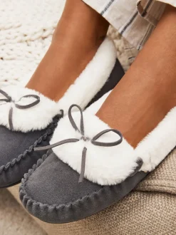 Grey Suede Moccasin Slippers