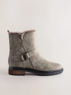 Grey Textured Forever Comfort® Faux Fur Hardware Ankle Boots