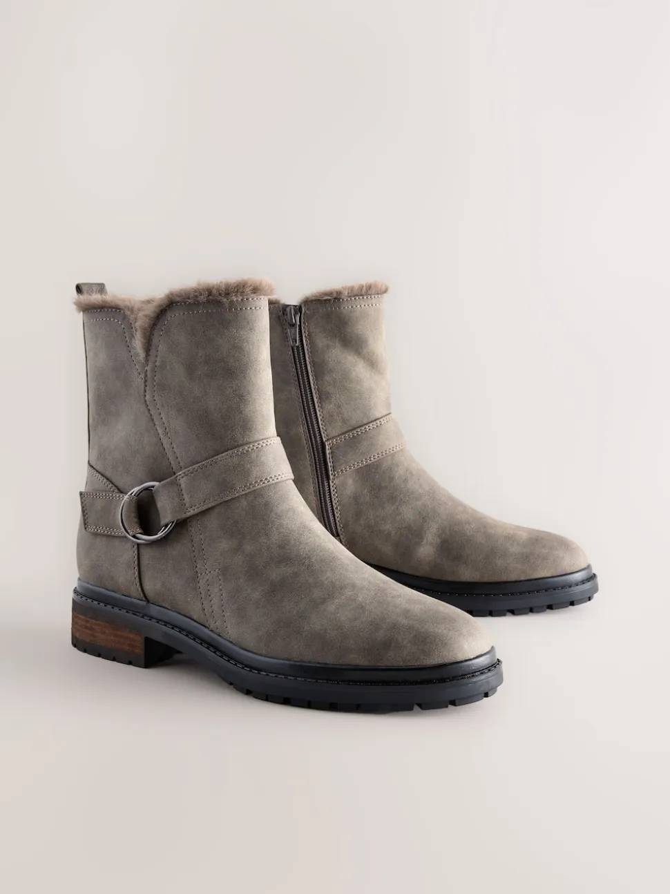 Grey Textured Forever Comfort® Faux Fur Hardware Ankle Boots