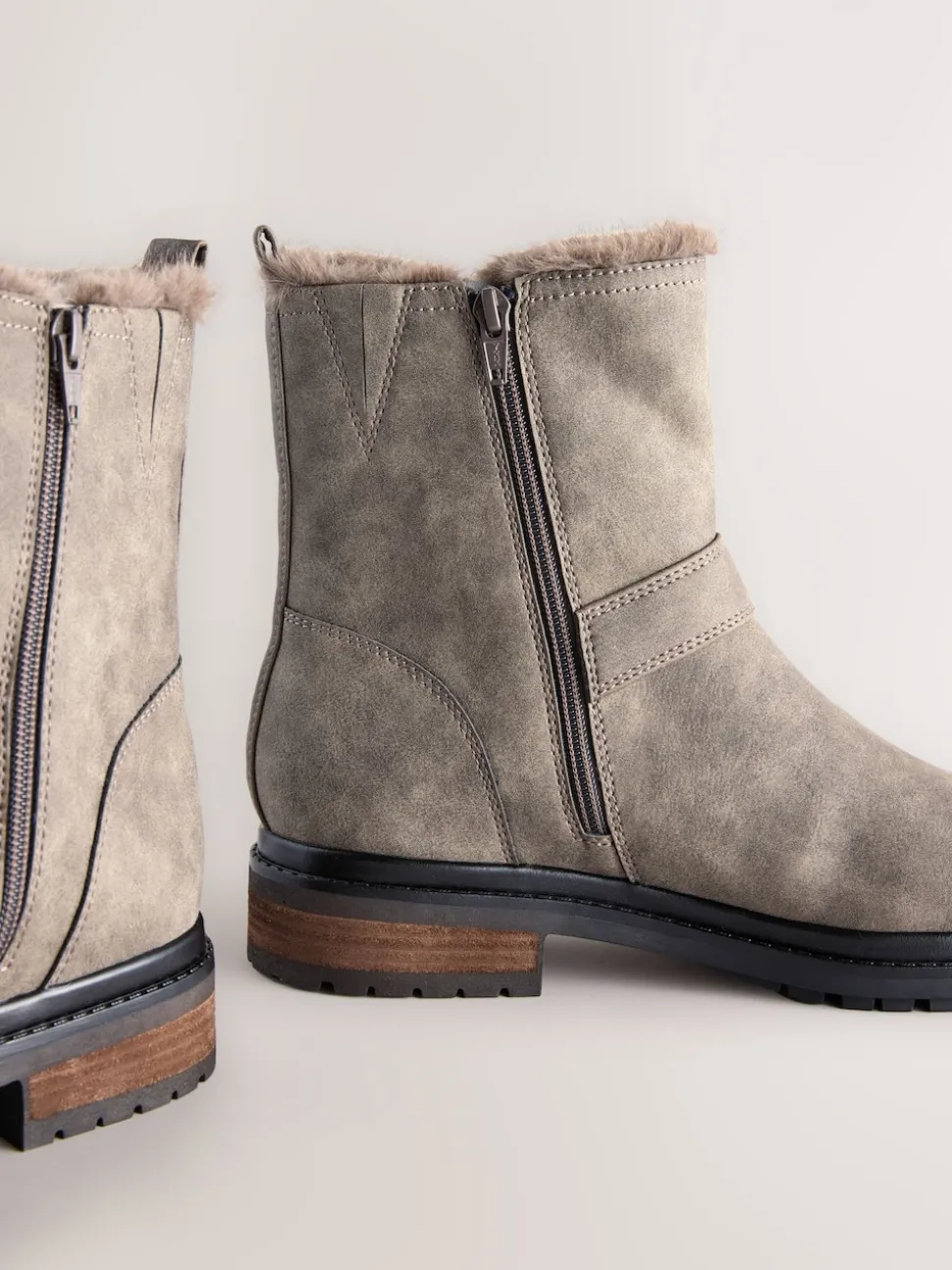 Grey Textured Forever Comfort® Faux Fur Hardware Ankle Boots