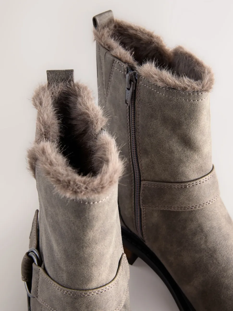 Grey Textured Forever Comfort® Faux Fur Hardware Ankle Boots