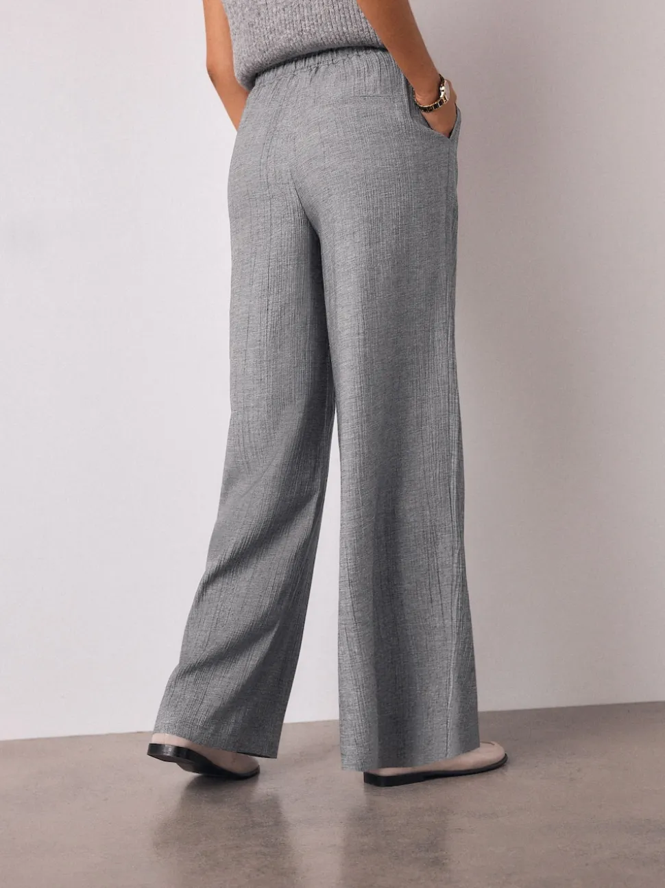 Grey Tie Waist Wide Leg Trousers with Wool