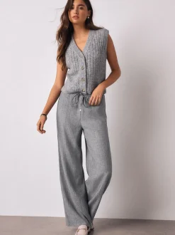 Grey Tie Waist Wide Leg Trousers with Wool