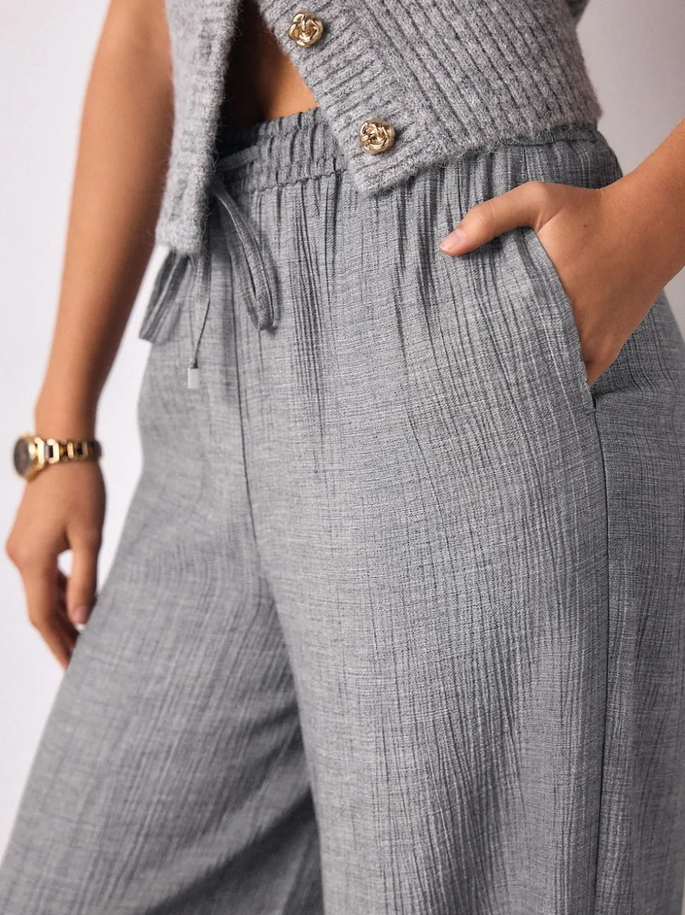 Grey Tie Waist Wide Leg Trousers with Wool