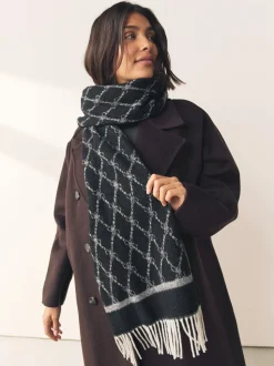 Grey/Black Premium Made in Italy Jacquard Monogram 100% Wool Midweight Scarf