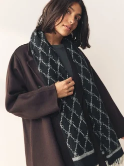 Grey/Black Premium Made in Italy Jacquard Monogram 100% Wool Midweight Scarf