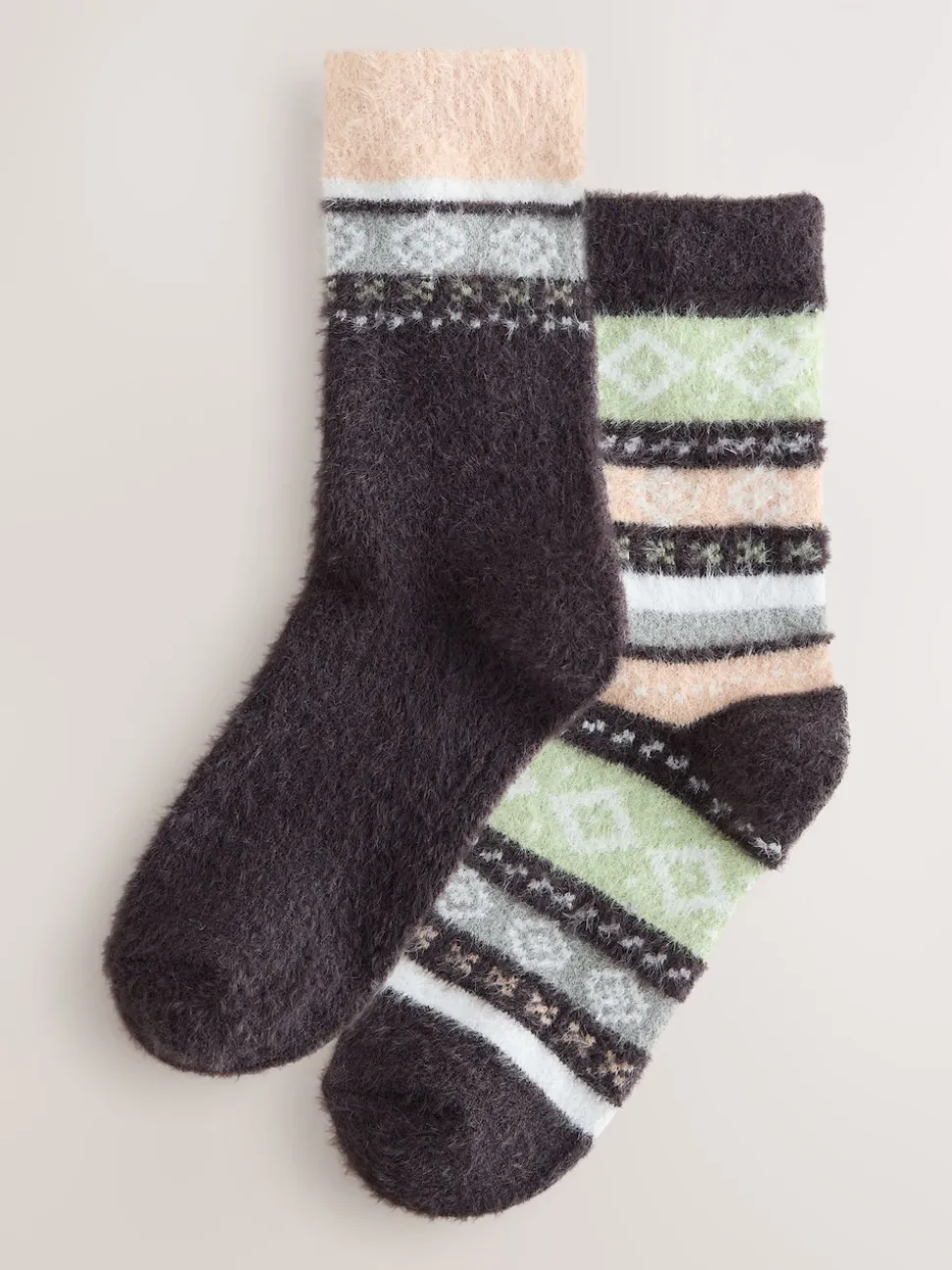Grey/Pastel Fairisle Superhairy Cosy Socks 2 Pack