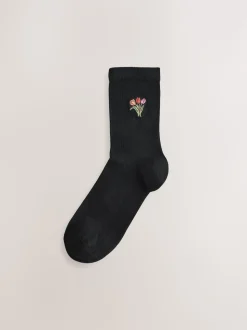 Hamish The Highland Cow / Tulips Embroidered Motif Ankle Socks 4 Pack