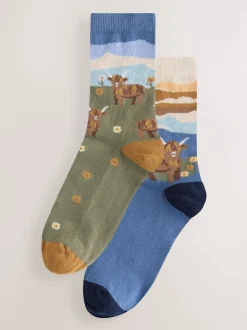 Hamish The Highland Cow Scene Warm Handle Cotton Ankle Socks 2 Pack