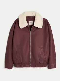 Hollister Faux Leather Bomber Jacket With Removable Collar