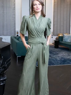 Hot Squash Green Wide Leg Gold Stripe Jumpsuit
