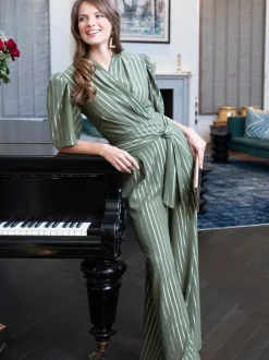 Hot Squash Green Wide Leg Gold Stripe Jumpsuit