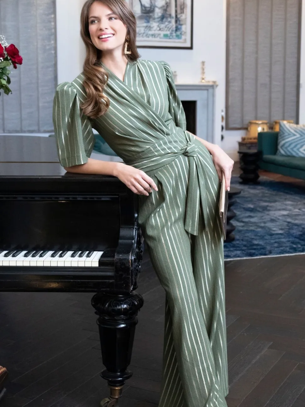 Hot Squash Green Wide Leg Gold Stripe Jumpsuit