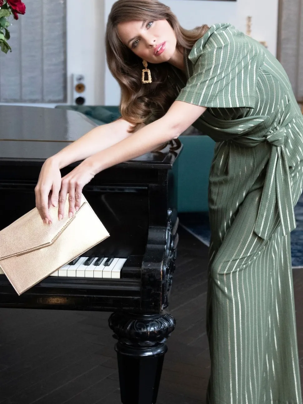 Hot Squash Green Wide Leg Gold Stripe Jumpsuit