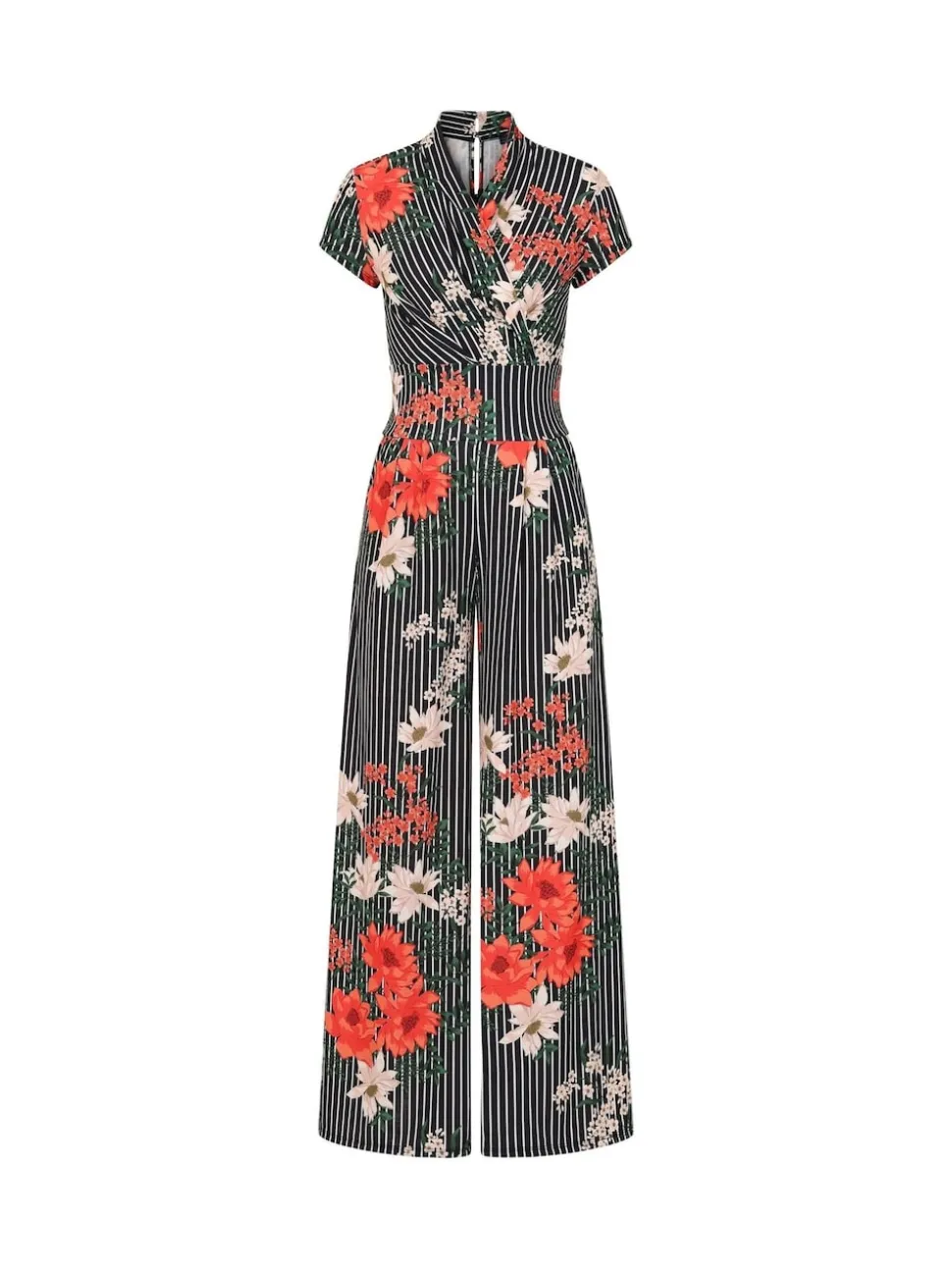 HotSquash Black Pin Striped Floral Wide Leg Jumpsuit