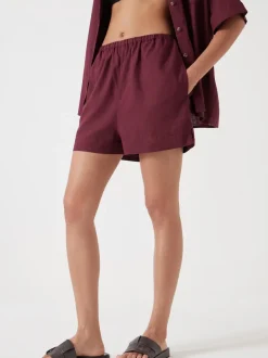 Hush Burgundy Red Lana Linen Blend Shorts