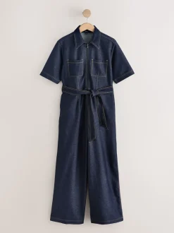 Indigo Blue Denim Jersey Jumpsuit