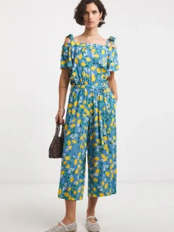 JD Williams Blue Lemon Print Crinkle Tie Strap Jumpsuit